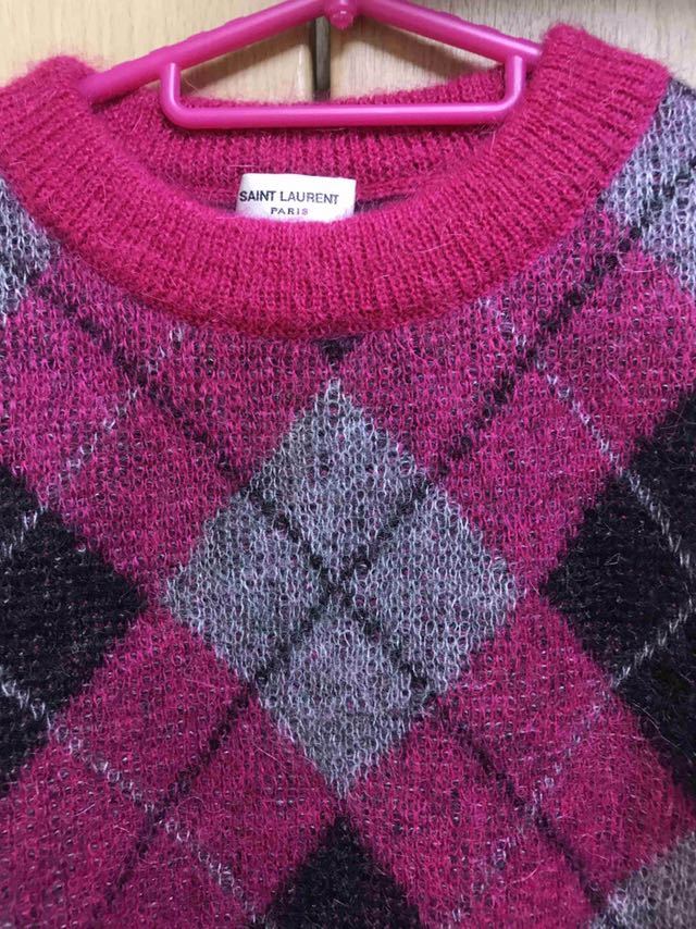  domestic regular 15AW SAINT LAURENT PARIS sun rolan Paris moheya crew neck a-ga il knitted pink XS