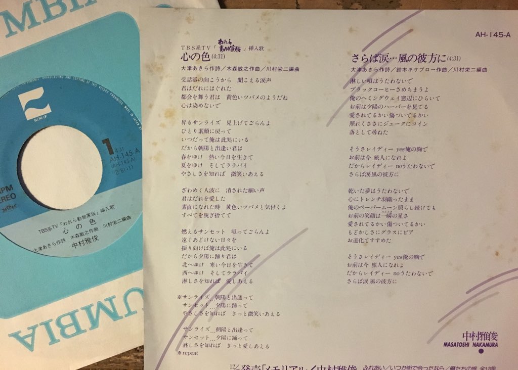 ●7inch.レコード//心の色/中村雅俊/1981年//ぴったりジャストサイズ未使用外袋入り_画像2