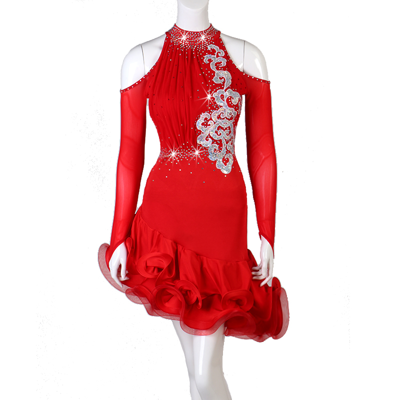 レディースラテンドレス　社交ダンスショートワンピースドレス　お洒落赤色　サイズS～XXL　セミオーダー可
