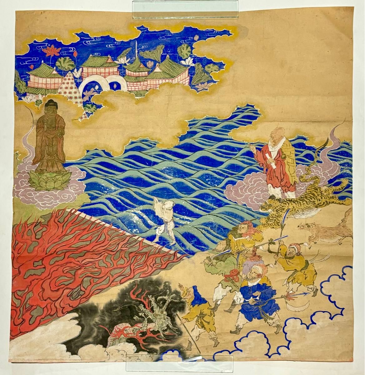 極彩色 大型 二河白道図」江戸後期頃筆 1枚|浄土宗 仏画 仏教 極彩色 大型 二河白道図」江戸後期頃筆 1枚|浄土宗 仏画 仏教