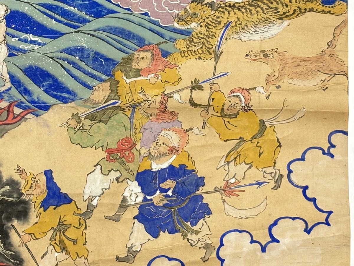極彩色 大型 二河白道図」江戸後期頃筆 1枚|浄土宗 仏画 仏教 極彩色 大型 二河白道図」江戸後期頃筆 1枚|浄土宗 仏画 仏教