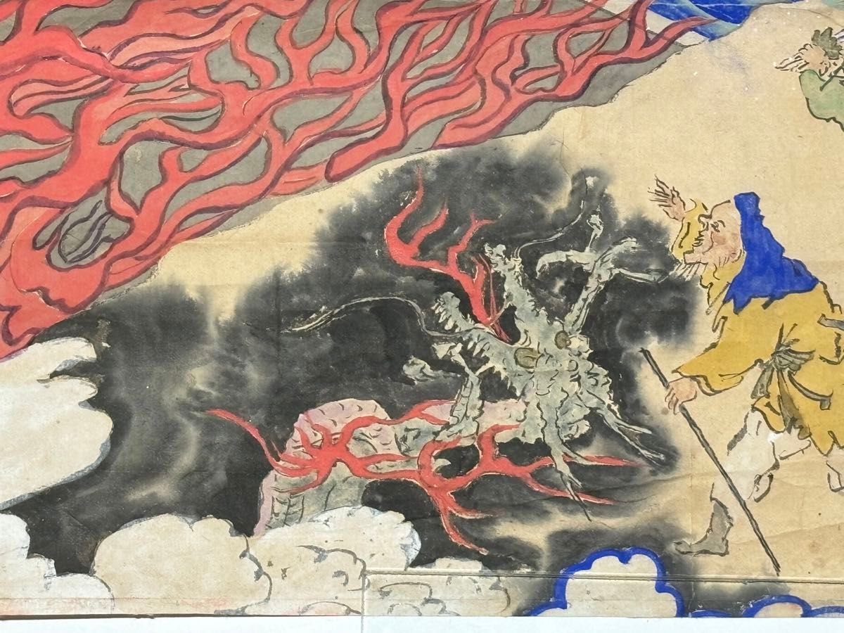 極彩色 大型 二河白道図」江戸後期頃筆 1枚|浄土宗 仏画 仏教 極彩色 大型 二河白道図」江戸後期頃筆 1枚|浄土宗 仏画 仏教