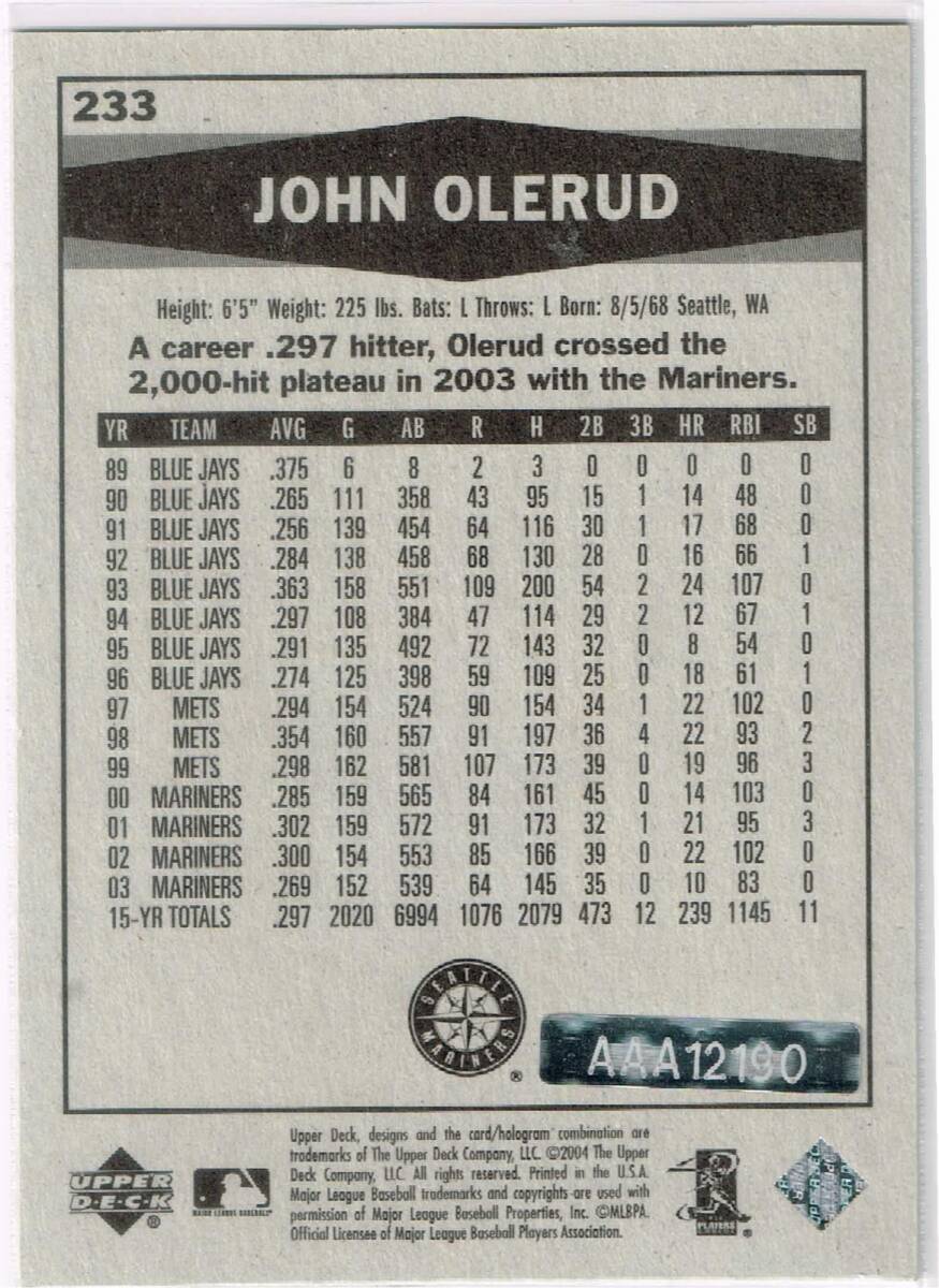 MLB 2004 UD SP Authentic Buy Back Autograph John Olerud 33 MLB 2004 UD SP Authentic Buy Back Autograph John Olerud 33