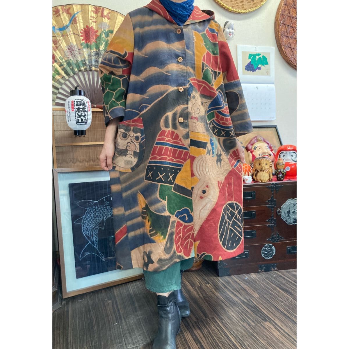 のぼり旗の柿渋染めフード付きコート(肩裏付き) 古布リメイク のぼり旗の柿渋染めフード付きコート(肩裏付き) 古布リメイク