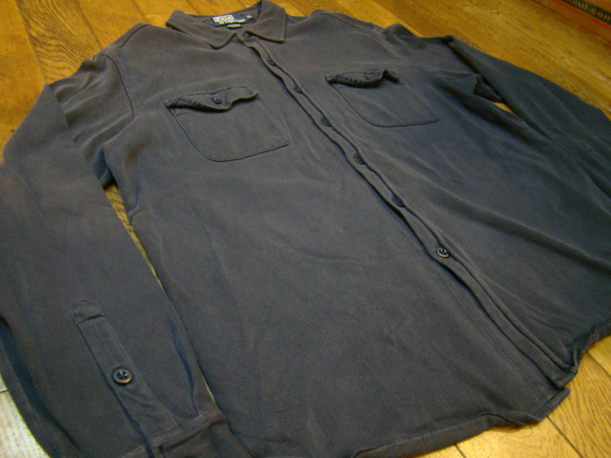 90's Polo Ralph Lauren コットン ボタンダウン シャツ XL ネイビー ポロ ラルフローレン ネルシャツ ジャケット_画像2