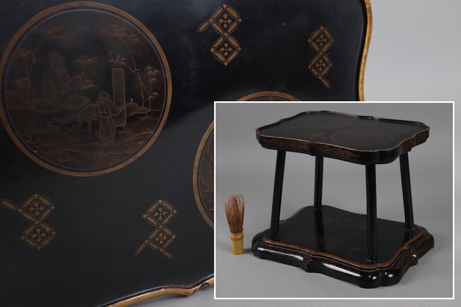 時代 金蒔絵 黒漆塗 高卓 花台 高23,5cm 木製漆器 大名道具 時代 金蒔絵 黒漆塗 高卓 花台 高23,5cm 木製漆器 大名道具
