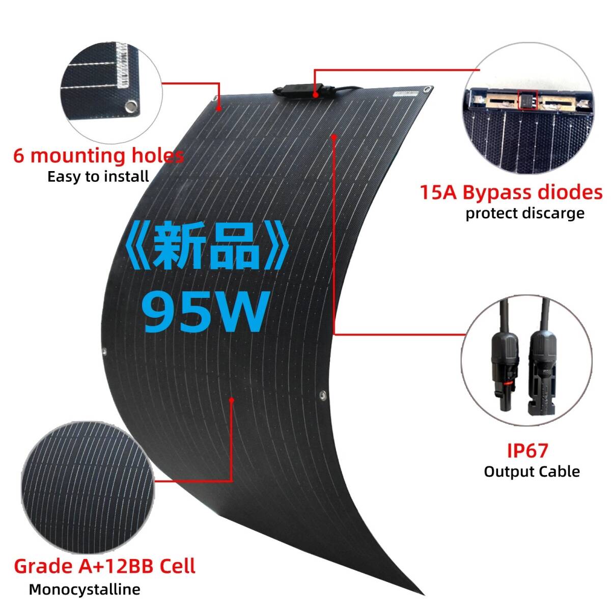 《新品》フレキシブル単結晶ソーラーパネル 95W出力 発電効率22% 高耐久性 多くの認証取得