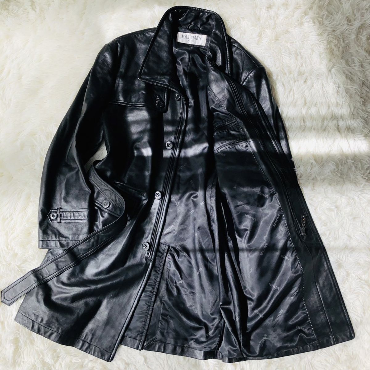 BALMAIN 黒 レザー ロングコート L BALMAIN 黒 レザー ロングコート L