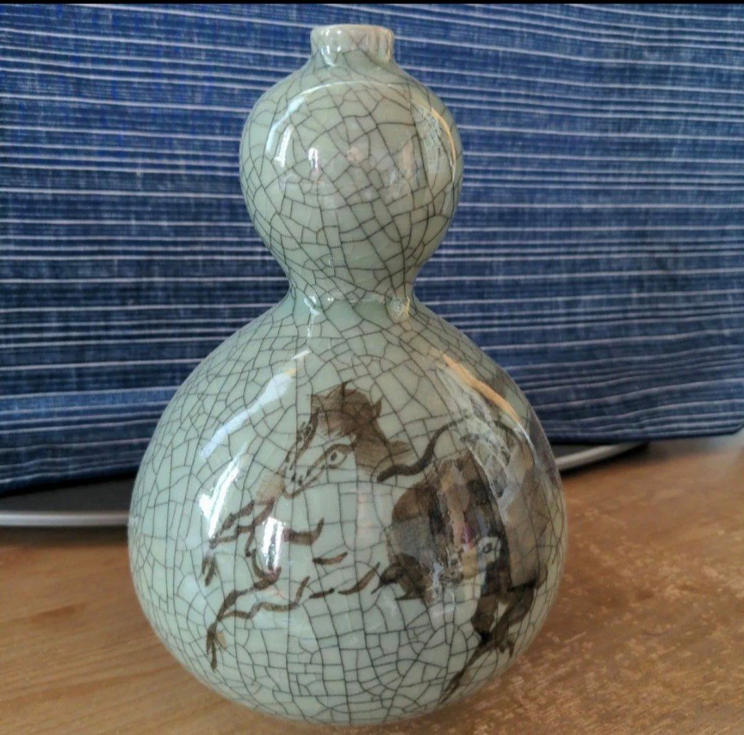大堀相馬焼 ひょうたん徳利 青ひび 左駒 瓢箪型花瓶 陶器 骨董品 大堀相馬焼 ひょうたん徳利 青ひび 左駒 瓢箪型花瓶 陶器 骨董品