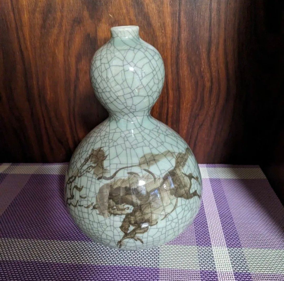 大堀相馬焼 ひょうたん徳利 青ひび 左駒 瓢箪型花瓶 陶器 骨董品 大堀相馬焼 ひょうたん徳利 青ひび 左駒 瓢箪型花瓶 陶器 骨董品