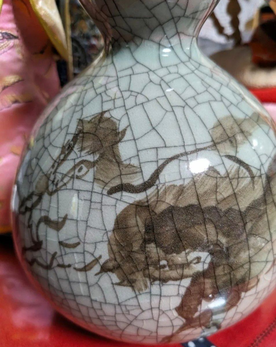 大堀相馬焼 ひょうたん徳利 青ひび 左駒 瓢箪型花瓶 陶器 骨董品 大堀相馬焼 ひょうたん徳利 青ひび 左駒 瓢箪型花瓶 陶器 骨董品