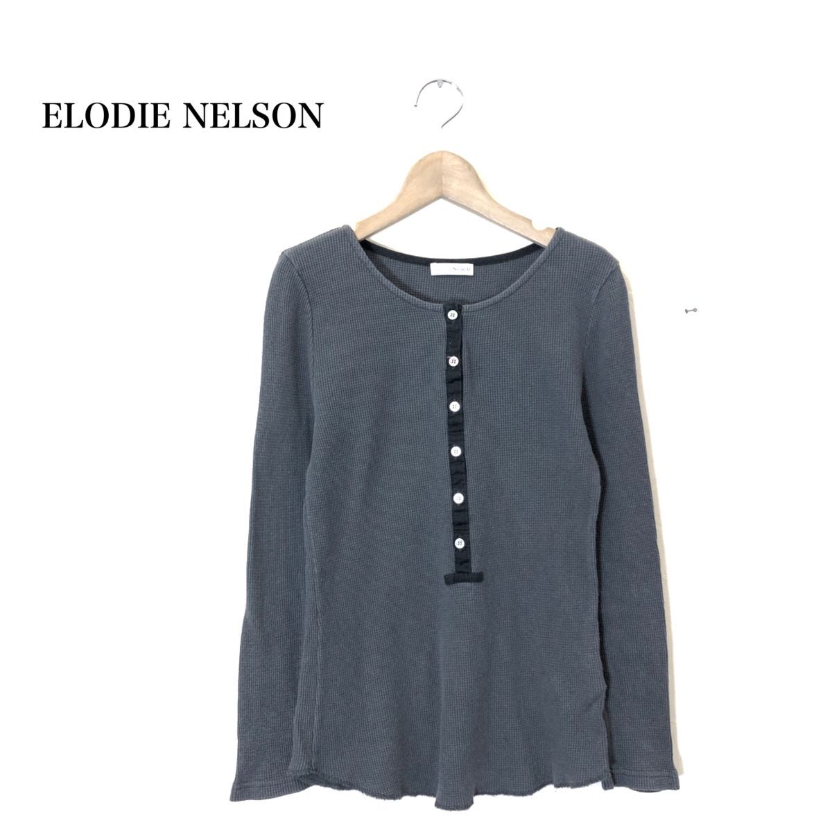 1K2392-T*ELODIE NELSONeroti Nelson Henley neckline T-shirt long sleeve waffle *size38 gray lady's cotton 100