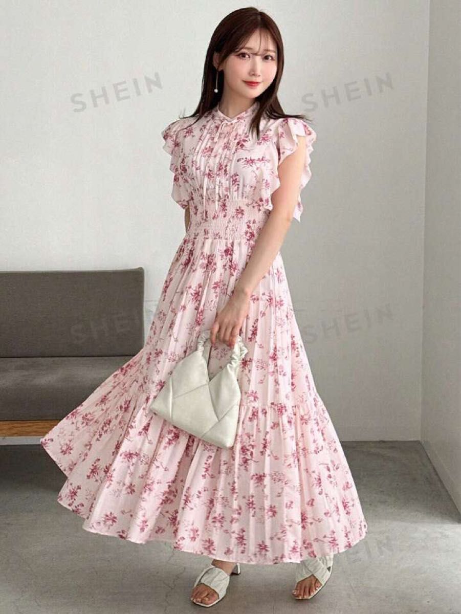 SHEIN FRIFUL フラワープリント キャップスリーブ ミディ丈 SHEIN FRIFUL フラワープリント キャップスリーブ ミディ丈