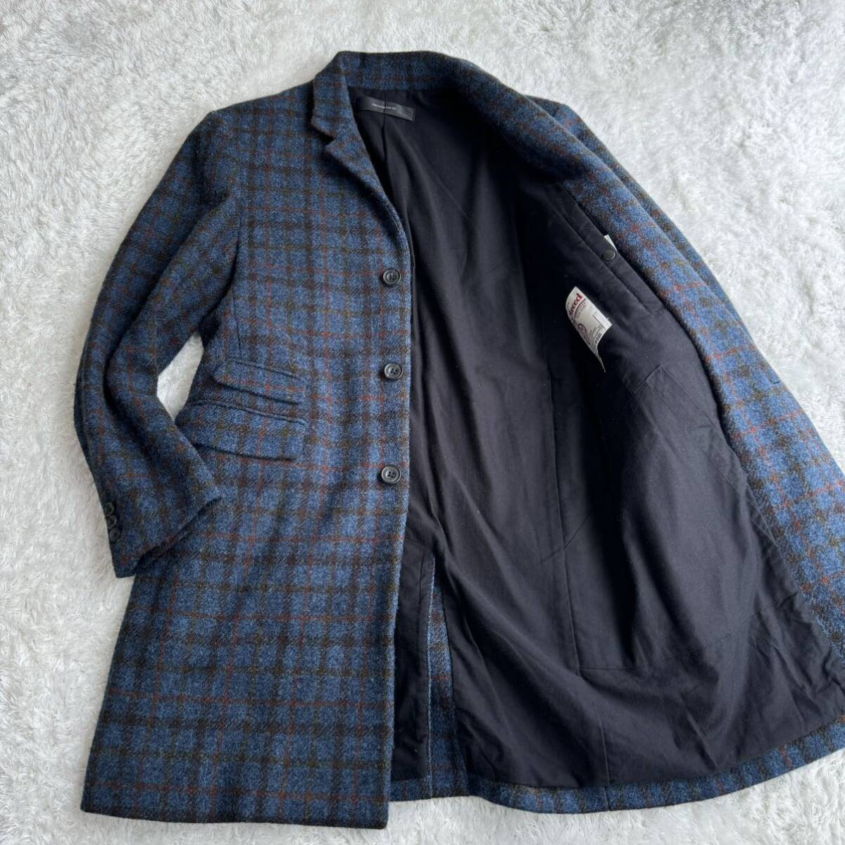 美品ハリスツイード【OXFORDCLASSIC】ネイビーチェックロングコートLL ハリスツイード チェスターコート ブルー チェック Lサイズ相当