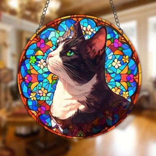 15cm 黒猫 アクリル サンキャッチャー ステンドグラス 風 吊り 15cm 黒猫 アクリル サンキャッチャー ステンドグラス 風 吊り