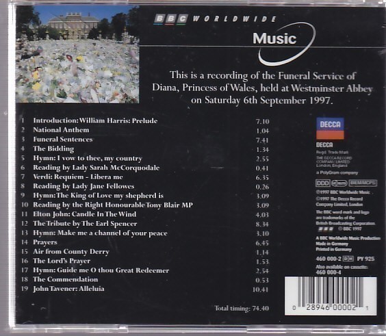 DIANA Princess Of Wales - The BBC recording of the Funeral Service / Diana ./ Британия запись /CD