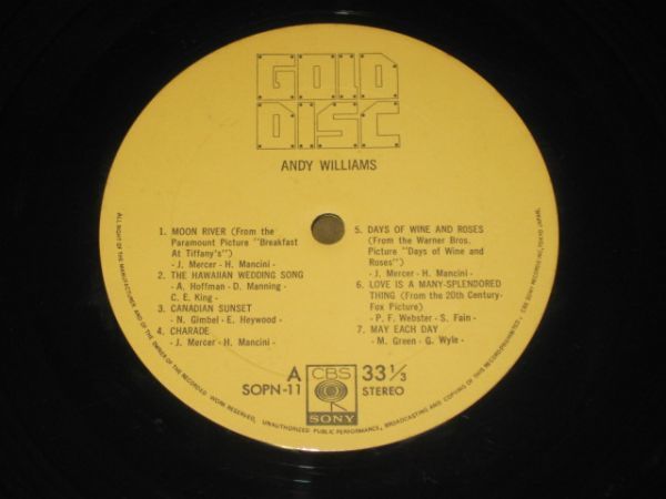 Andy Williams - Gold Disc /ポップ/ジャズ/イージーリスニング/国内盤LPレコード_画像5