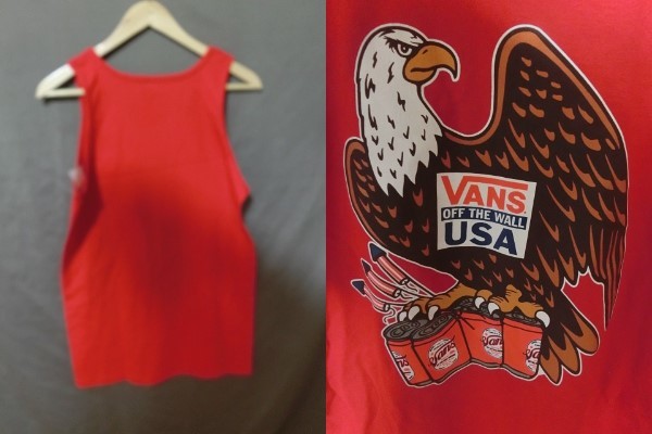 USA購入 アメカジ バンズ【VANS】アメリカ国鳥 白頭鷲（ハクトウワシ）イラストプリントタンクトップUS Sサイズ RED_画像3