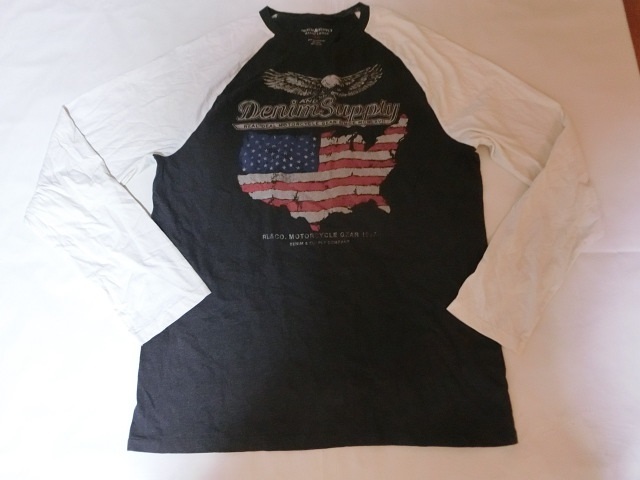 USA購入 ミリタリー系【RALPHLAUREN DENIM&SUPPLY】USA国土国旗デザインプリント入り ロングTシャツUS XL 濃灰ｘオフホワイト新品未使用_画像2