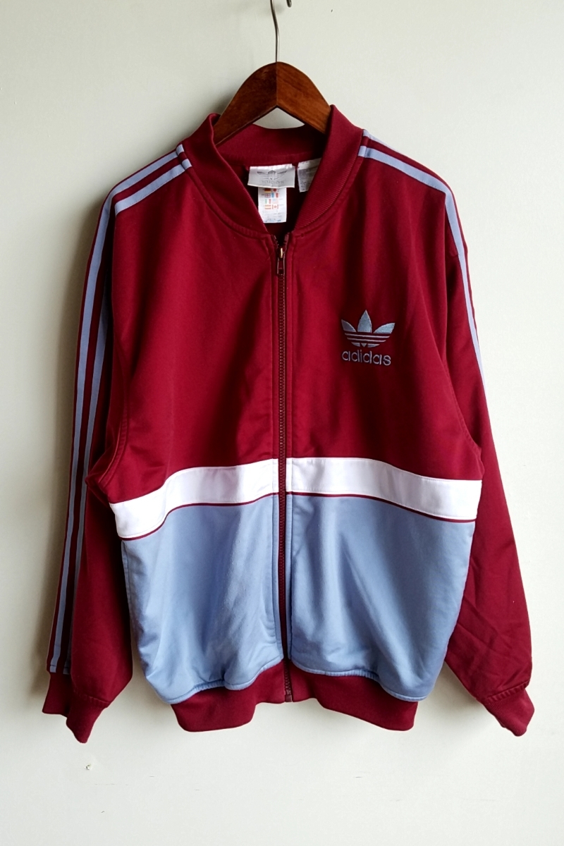 428◆90s アディダス adidas トラックジャケット Ｓ 赤系×グレー デカロゴ 切り替え ジャージ 古着 USED 中古