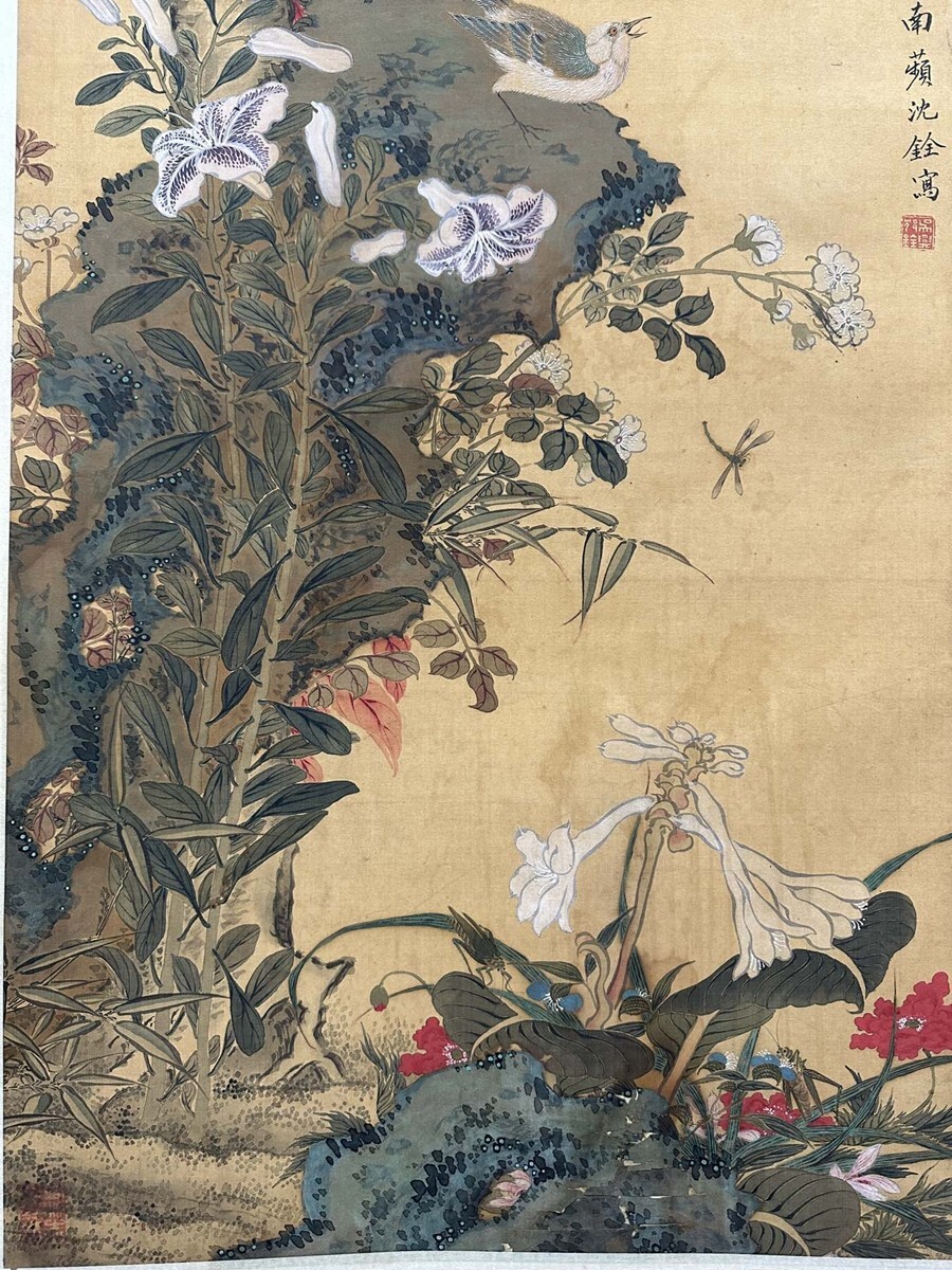 古びた蔵 中国書画 清代画家『沈銓 花鳥図 肉筆絹本』中国画 古びた蔵 中国書画 清代画家『沈銓 花鳥図 肉筆絹本』中国画