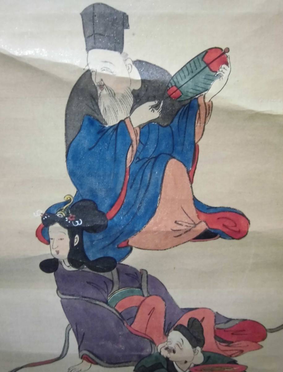 古い 掛軸 七福神之絵 玉畝 二幅(双幅) 共箱入り 木箱 絹本 肉筆 日本画