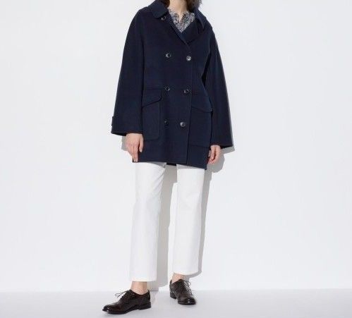 UNIQLO」ダブルフェイスミドルコート ネイビー L【コントワーデ UNIQLO」ダブルフェイスミドルコート ネイビー L【コントワーデ