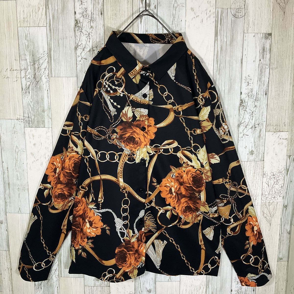 柄シャツ レディース 長袖 L 黒 未使用 古着 総柄 スカーフ柄 柄シャツ レディース 長袖 L 黒 未使用 古着 総柄 スカーフ柄