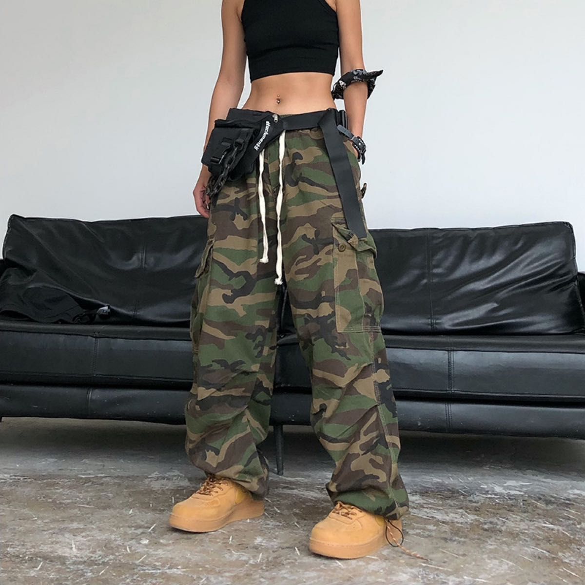 ACRARDIC ストリート 迷彩 ワイド ロングパンツ 男女兼用 大人気 カーゴパンツ ストリート ワイドパンツ 迷彩柄 裾しぼり
