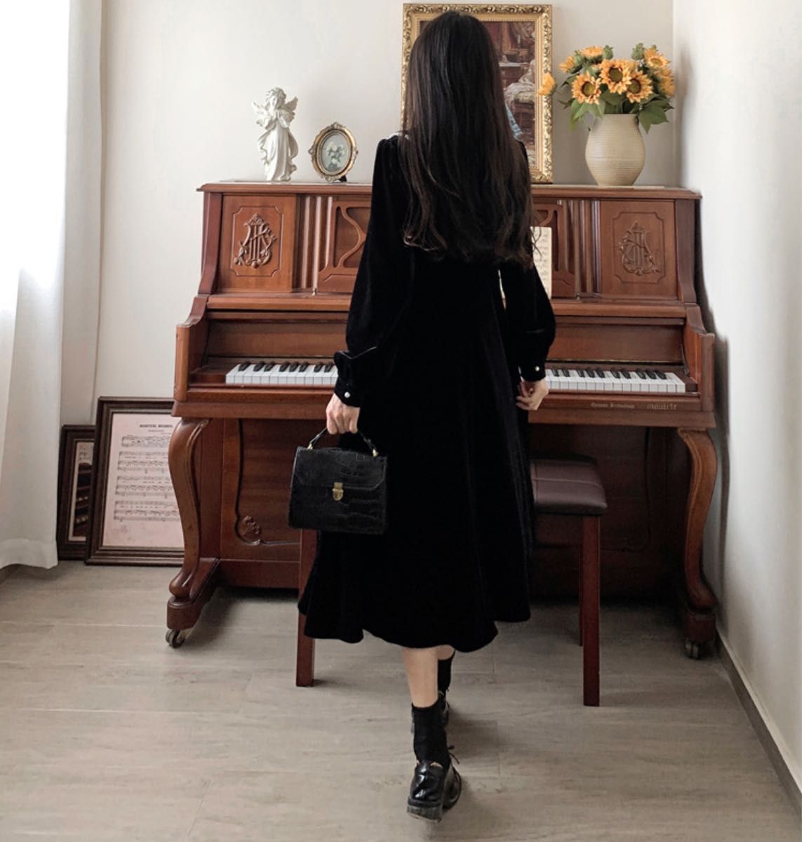 ワンピース リボン Aライン ミドル丈 7分袖 大人可愛い 韓国風 大人気】乃木坂風 ミドル丈リボンワンピース Aライン 秋冬 韓国