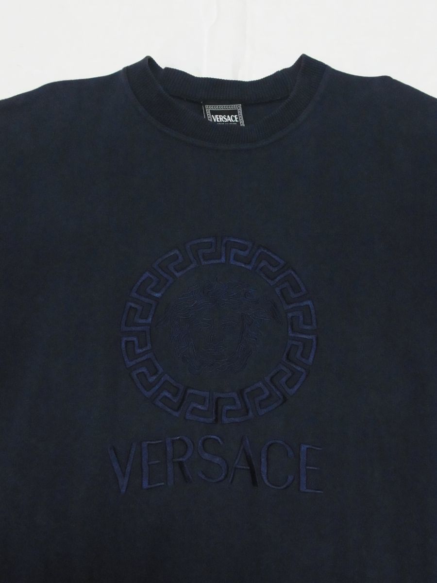 * 90s Италия производства Vintage VERSACE JEANS COUTURE Versace mete.-sa вышивка Logo тренировочный темно-синий * б/у одежда футболка 80s Old 