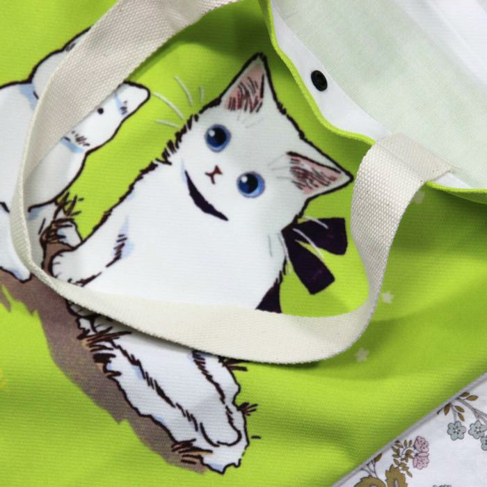 ◆猫が好き◆猫柄トートバッグ リネン地黄緑 かわいい親子猫 レディース BA07