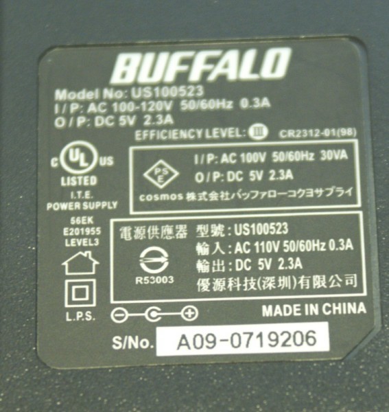 << free shipping >> /Buffalo AC adaptor /DC 5V 2.3A / US100523 * operation OK***