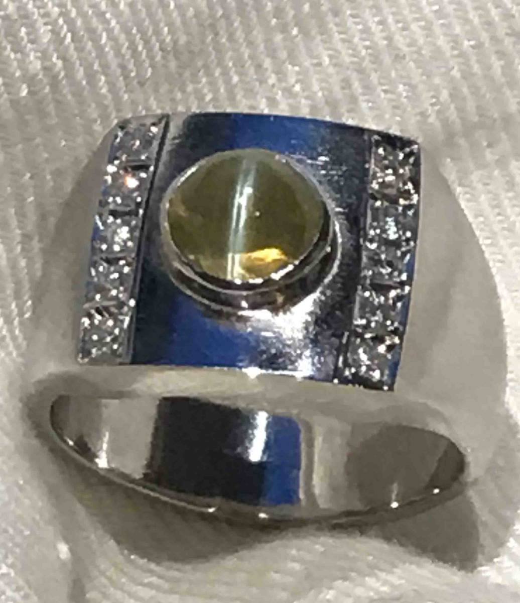 AJ-0461*Pt900 кольцо kliso берилл кошачий глаз 2.35ct& diamond 0.166ct печатка кольцо размер 18 номер / отполирован 