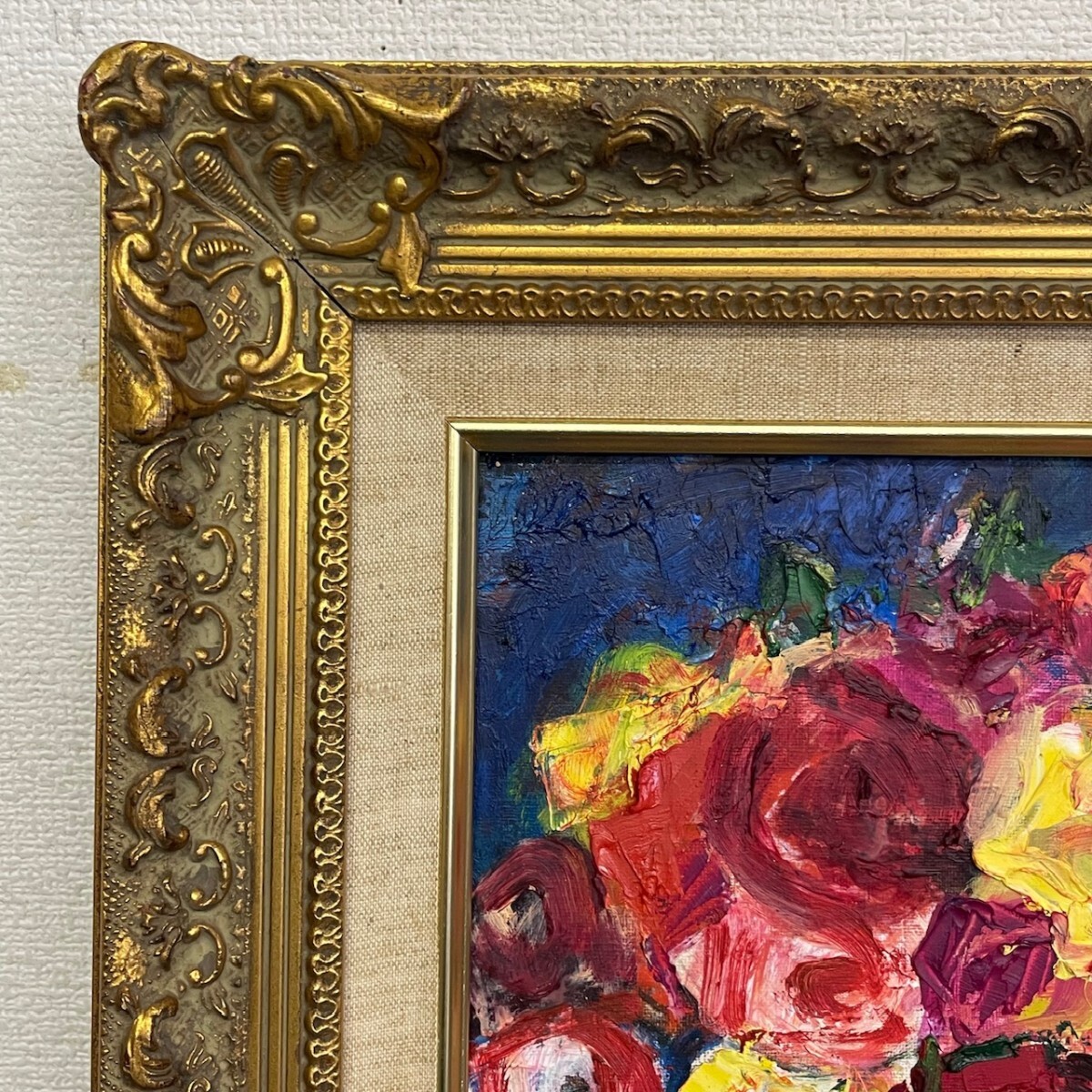油絵 薔薇 F3 S 作者不詳 T.T『薔薇』 直筆サイン入り F3 油絵 静物画 額装 縦約