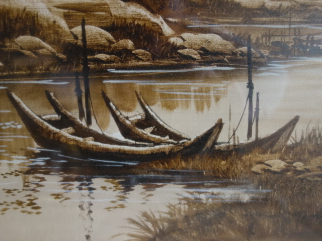 額装油絵 ビルマ 河川 海外風景 油彩画 (外寸93×58cm) 中古品 (K)_画像6