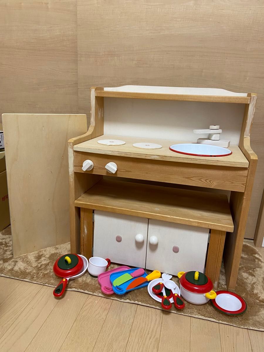 DIY 木製 ままごと キッチン テーブル 2way おまけ調理具セット DIY 木製 ままごと キッチン テーブル 2way おまけ調理具セット