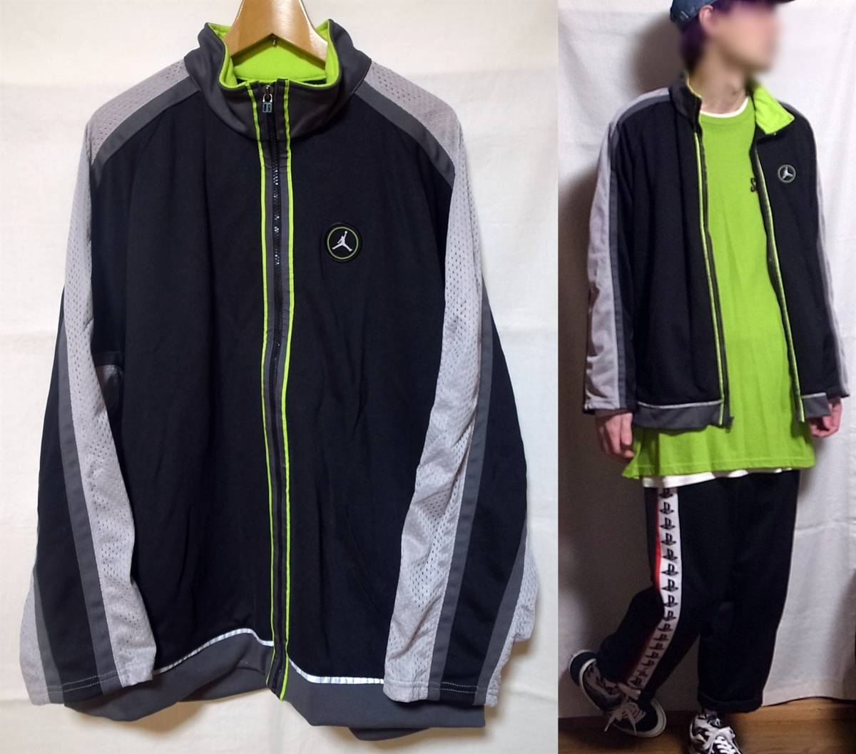 ナイキ ジョーダン トラックジャケット ジャージ 黒 ライムグリーン ヴィンテージ 古着 M NIKE JORDAN TRACK JACKET Black kawasaki green