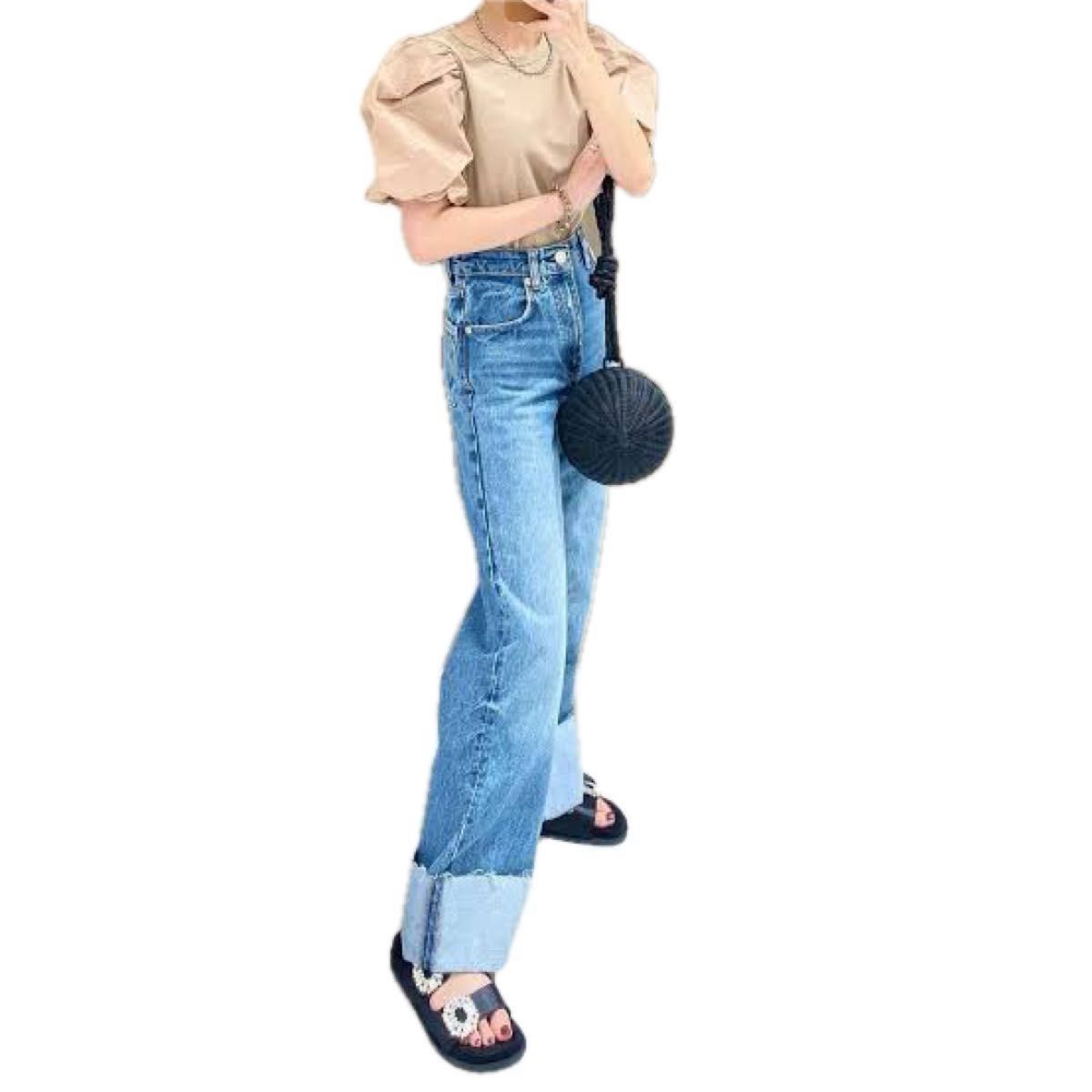神デニム 高見え ZARA ザラ ワイドレッグデニムパンツ ロール