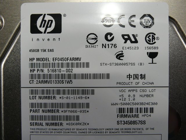 1GQF // HP EF0450FARMV 450GB 3.5インチ SAS 15K 6Gb ST3450857SS (516810-002) // HP ProLiant DL180 G6 取外 // 在庫5_画像2