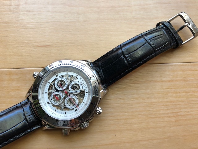 良品 良デザイン COGU コグ ITALY AUTO トリカレ スケルトン シルバー系 純正革ベルト 自動巻き メンズ 腕時計