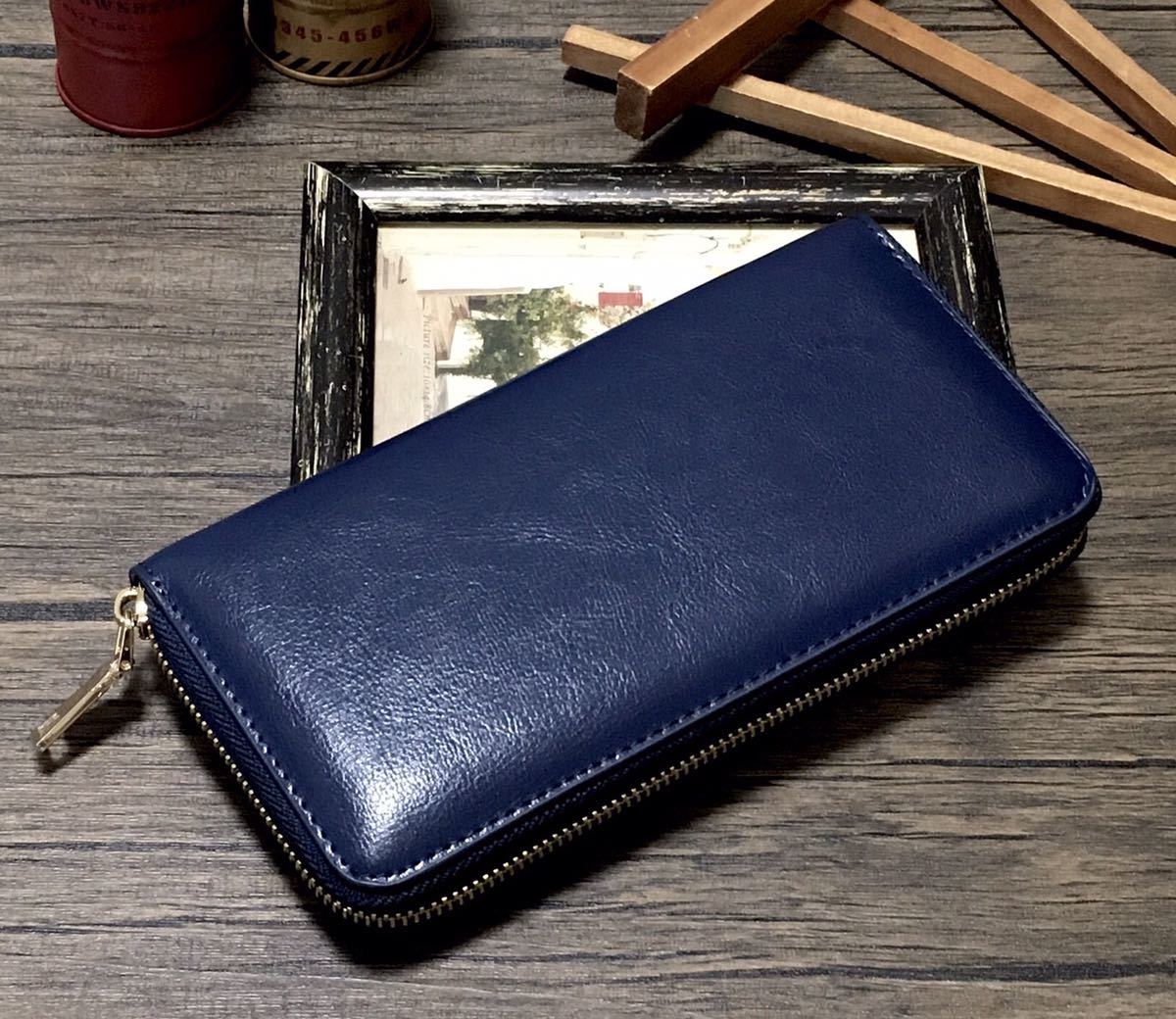 オイル加工☆暗い青色 長財布 ラウンドファスナー メンズ レディース 小銭入れ