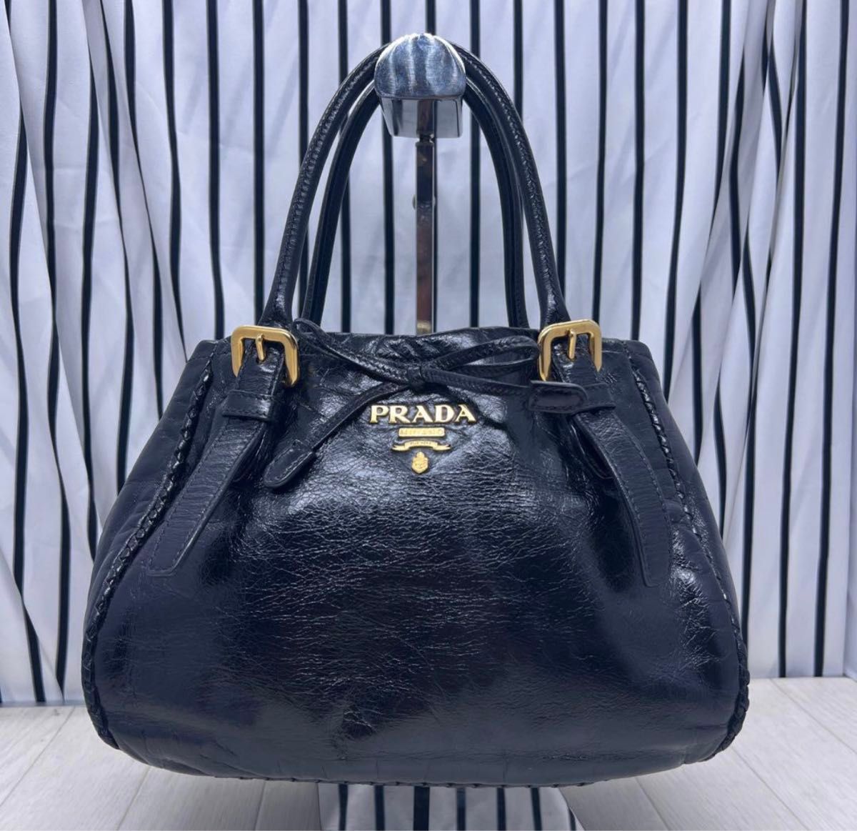美品】PRADA×プラダ 金色プレートオールレザートートバッグ 美品】PRADA×プラダ 金色プレートオールレザートートバッグ