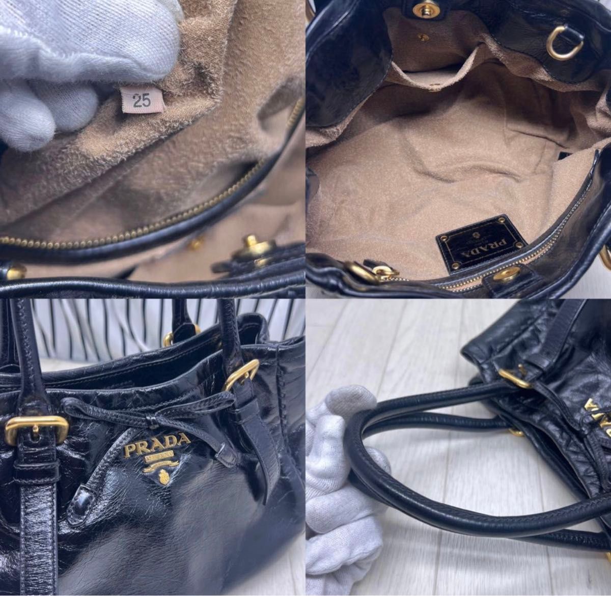 美品】PRADA×プラダ 金色プレートオールレザートートバッグ 美品】PRADA×プラダ 金色プレートオールレザートートバッグ