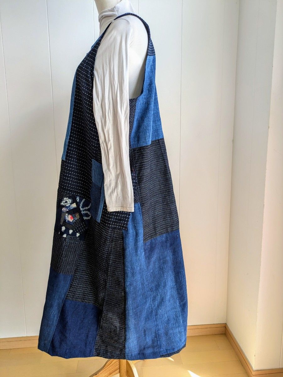 古布 藍染 綿 久留米絣 書生絣 型染め 絞り 着物リメイク ロング 古布 藍染 綿 久留米絣 書生絣 型染め 絞り 着物リメイク ロング