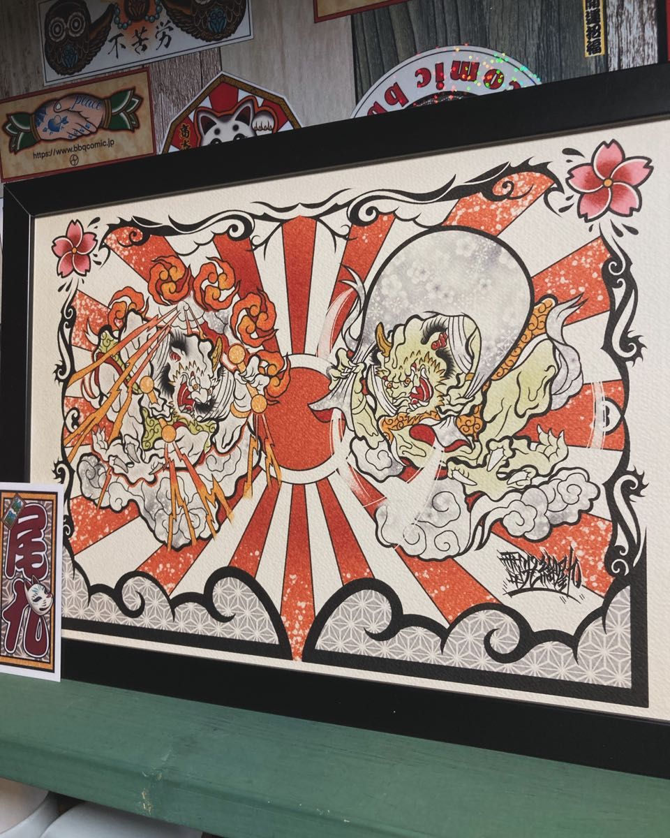 限定セール 風神 雷神 図 尾九 画 オリジナル イラスト A4サイズ 限定セール 風神 雷神 図 尾九 画 オリジナル イラスト A4サイズ