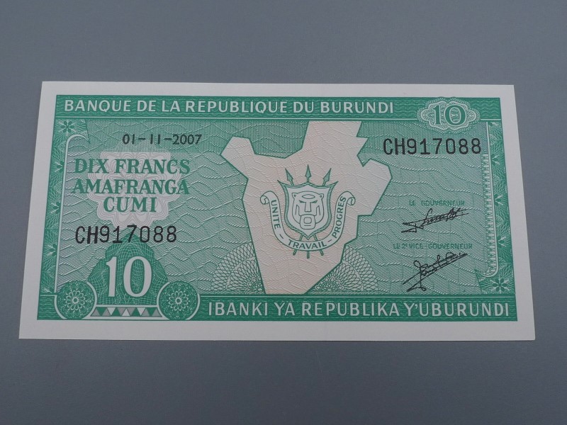 未使用 UNC 紙幣 2007年 ブルンジ 10フラン 表：地図と国章_画像1