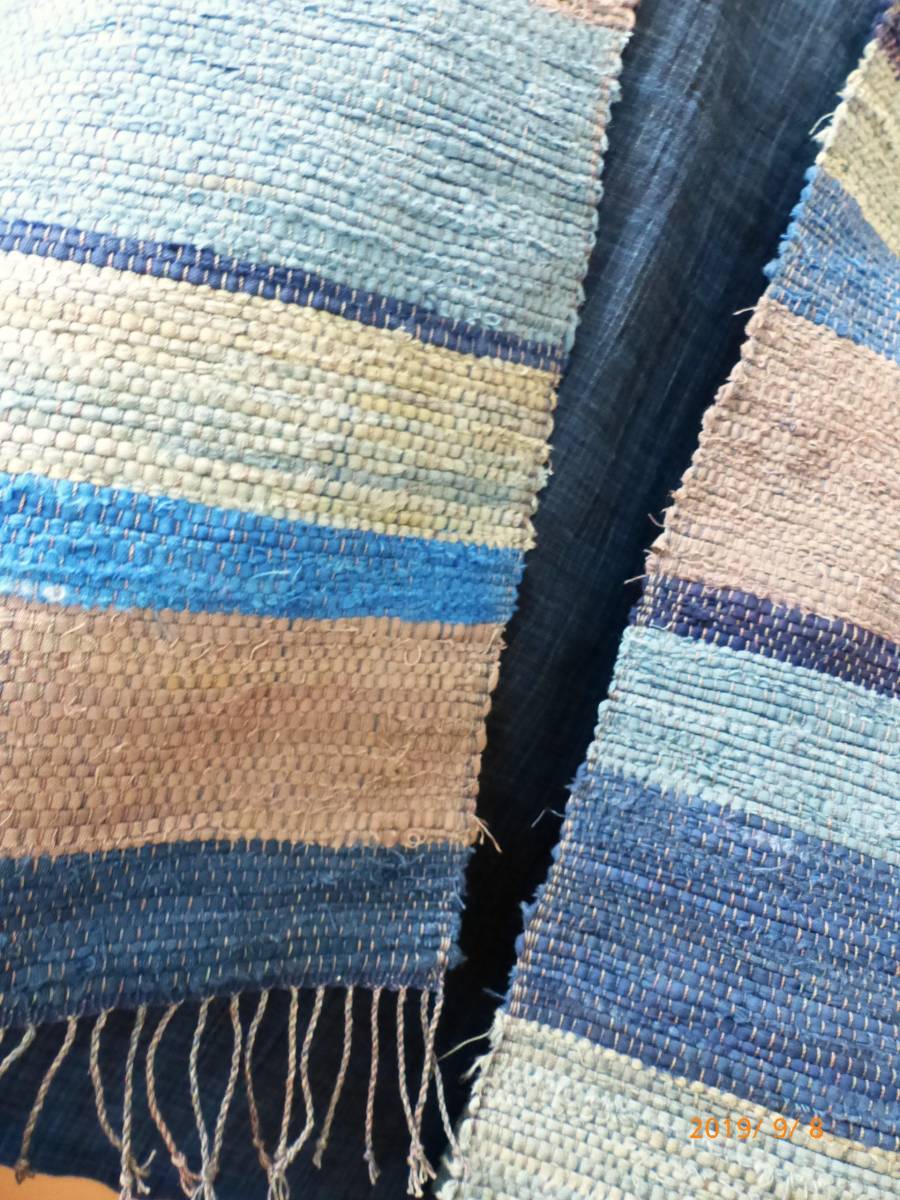 裂き織り　古着物・古布リメイク　裂織　青と灰　テキスタイル　ハンドメイド　木綿１００％