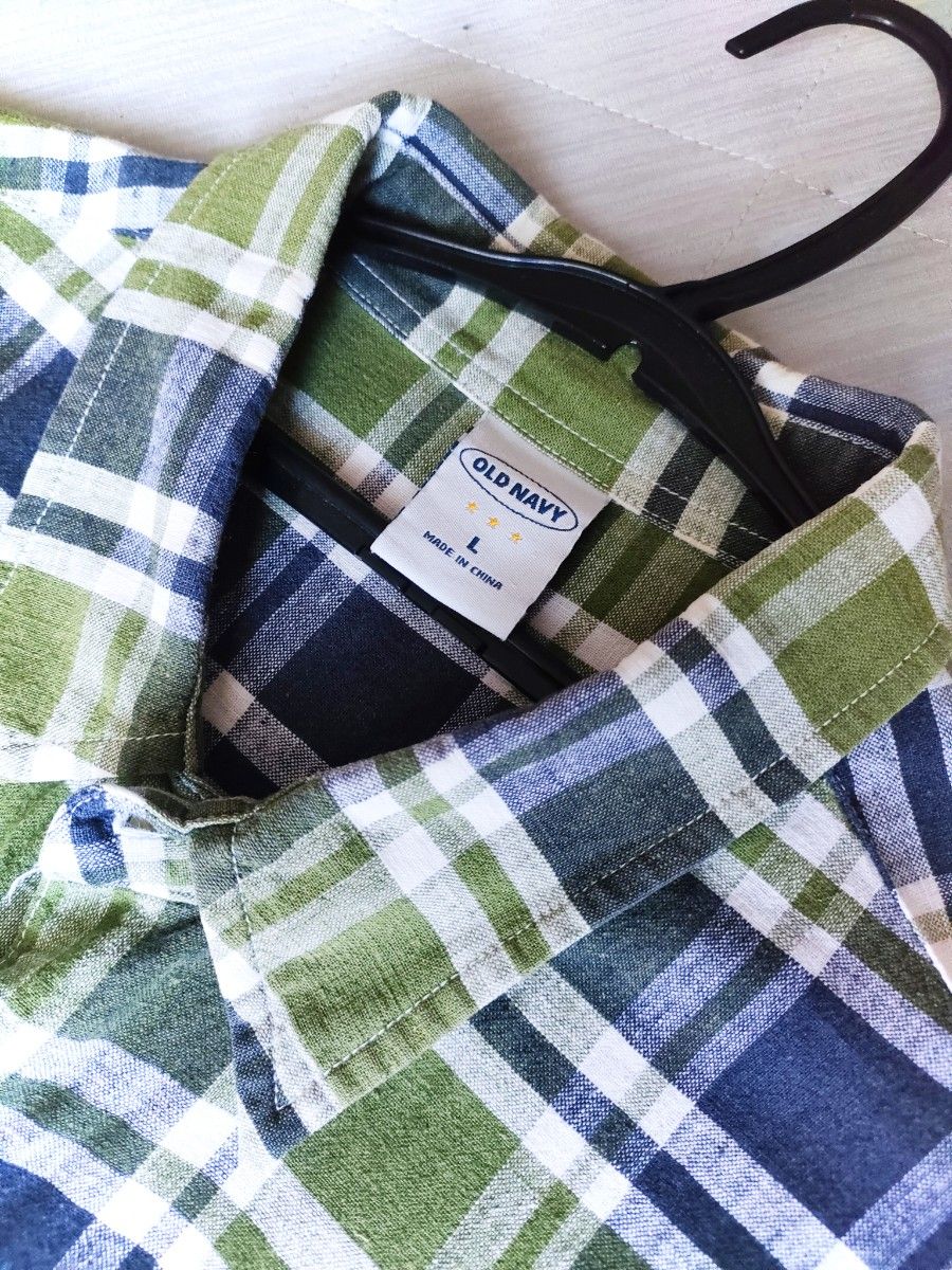 OLD NAVY グリーンチェック柄 L〜LL 半袖シャツ 渋いめgreen 大きい 