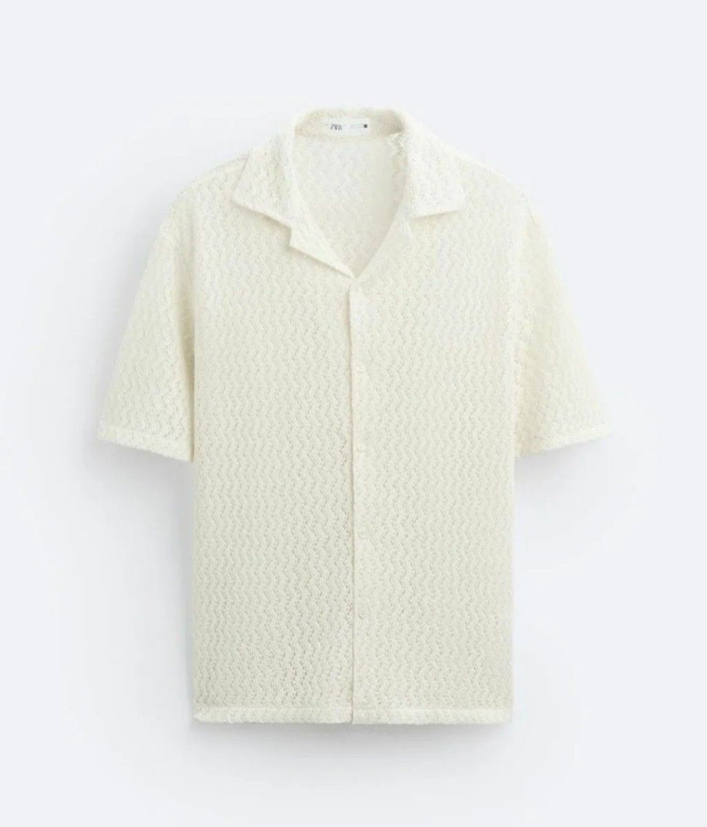 【ZARA】RELAXED FIT ジャカードシャツ エクリュ | 3772/292/712 ジオメトリック ジャカードシャツ 透かし編み Lサイズ ザラ